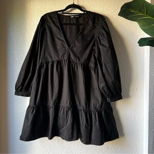 Zara Women’s Black Mini Tiered Long Sleeve V Neck Cotton Dress Sz XL Pockets